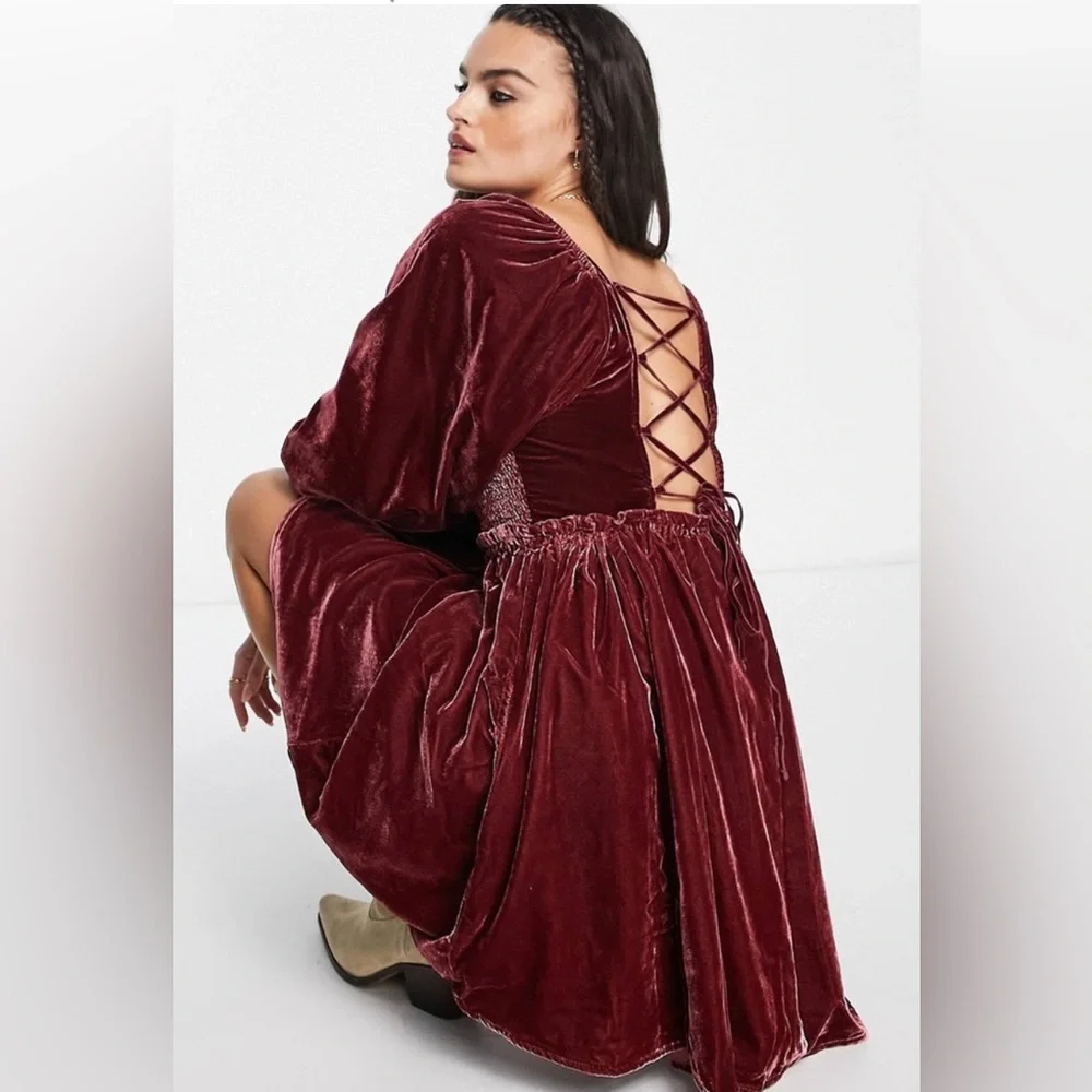 Free People Women’s Daphne Boho Velvet Mini Dress in Roan Rouge Sz Small Fall